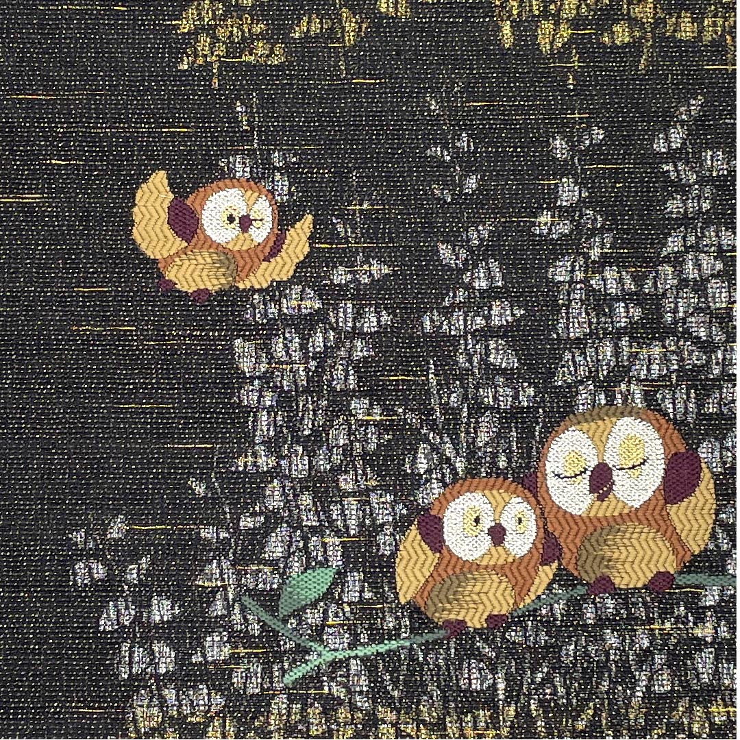 袋帯 黒色 ふくろう 帯丈434cm 正絹 Aランク 六通 カジュアル 黒系 1123008853310