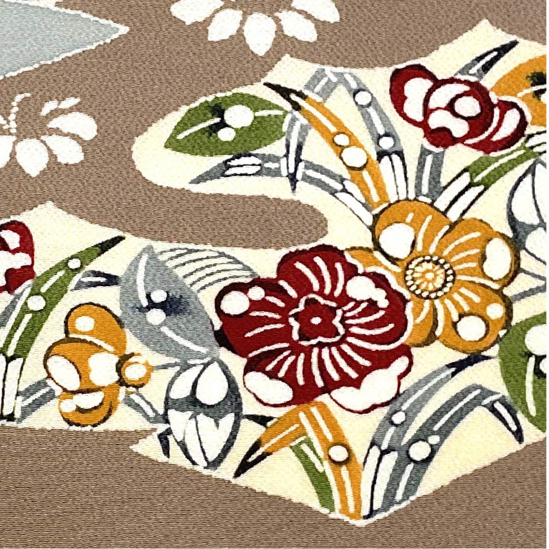 名古屋帯 小鹿色 京紅型 栗山工房 辻ヶ花模様 帯丈376.5cm 正絹 Sランク ポイント柄 カジュアル 茶系 1124005192314 名古屋仕立て