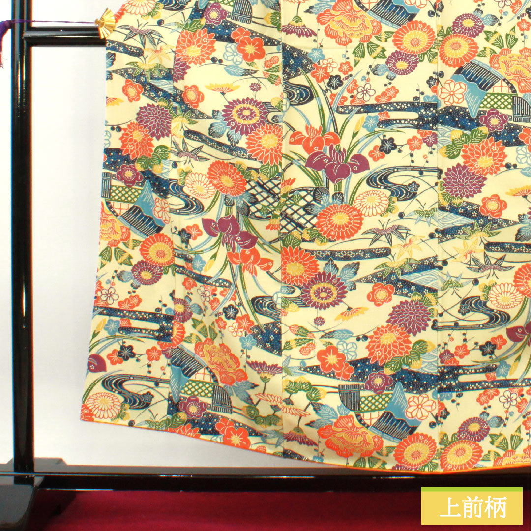 小紋 正絹 身丈155cm 裄丈62.5cm 袷 淡黄蘗色(うすきはだいろ) 京紅型 紬地 草花模様 Sランク クリーム系 1115004352315