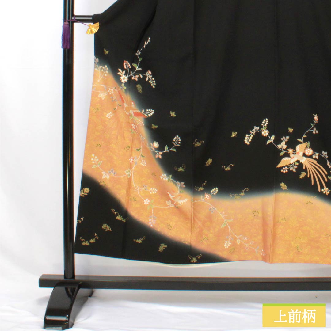 黒留袖 正絹 Sランク 身丈150.5cm 裄丈63cm 袷 京友禅 五つ紋 桔梗 鳳凰 草花 五つ紋 黒系 1111002112110