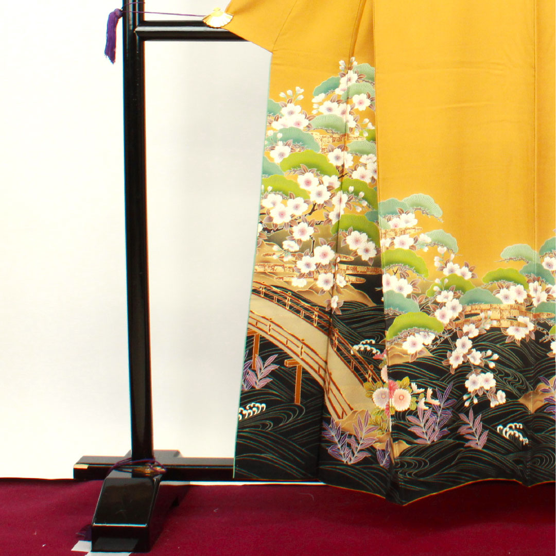 訪問着 袷 身丈158.5cm 裄丈61.5cm 小麦色 京友禅 桜 正絹 Sランク 黄系 1112002212323