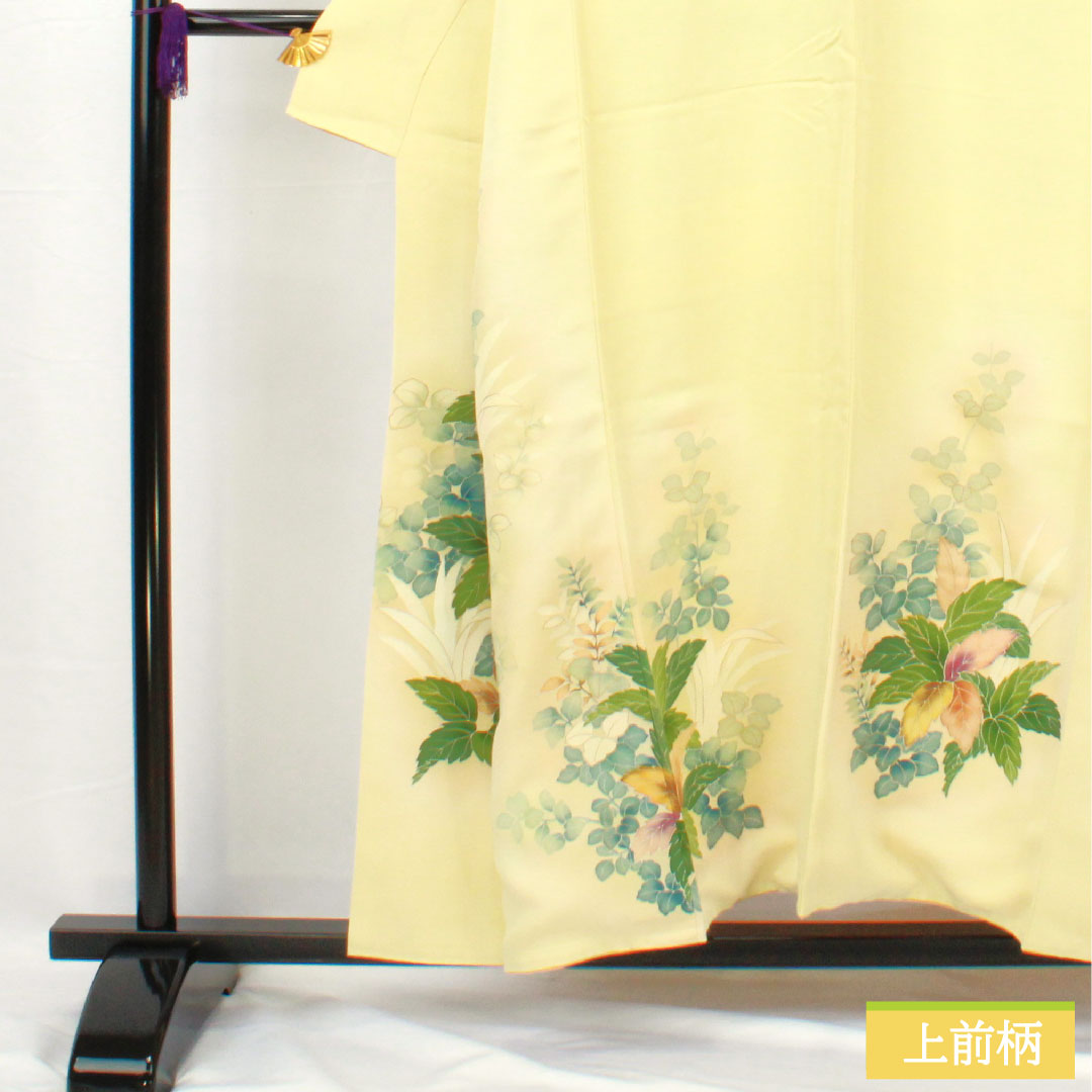 訪問着 正絹 袷 身丈156.5cm 裄丈63cm 淡黄色(たんこうしょく) 京友禅 草花模様 Aランク 黄系 1112005393323