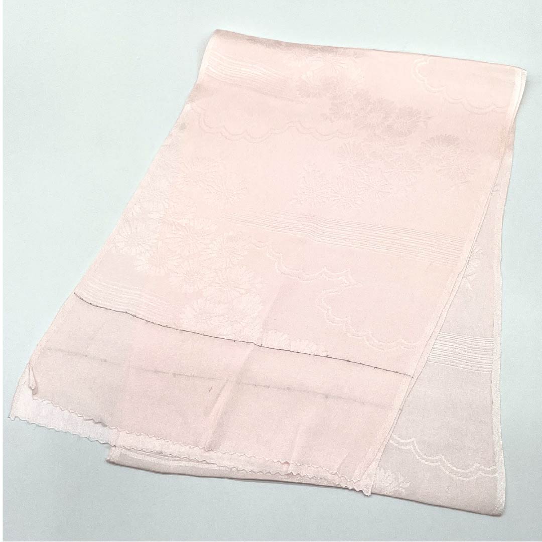 Obiage, pure silk, formal, light cherry blossom color, classic pattern, clouds and flowers, length 148cm, width 26cm, S rank, pink, 1136000352913