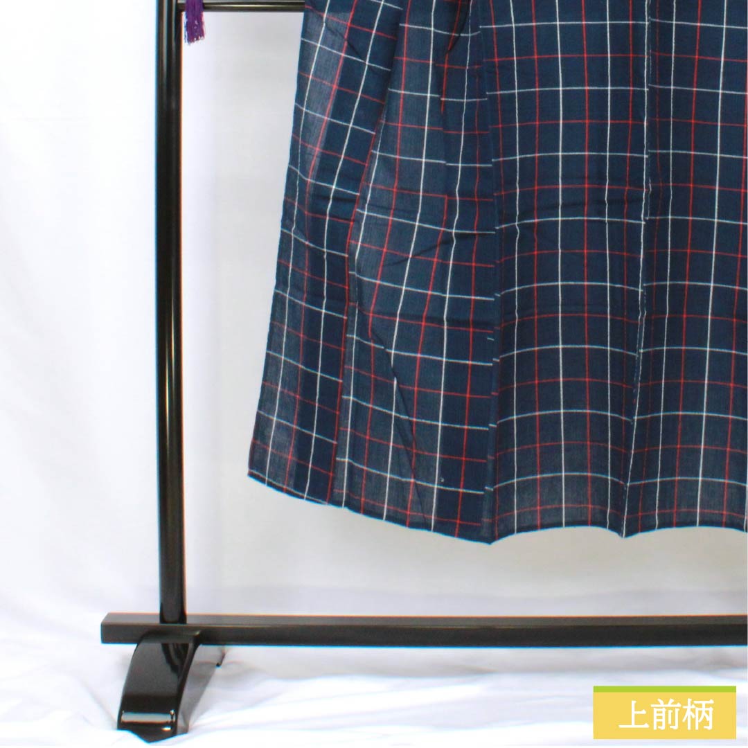 浴衣 木綿 身丈142cm 裄丈63cm Bランク 単衣 紺系 しじら織 紅白格子 1118005834118