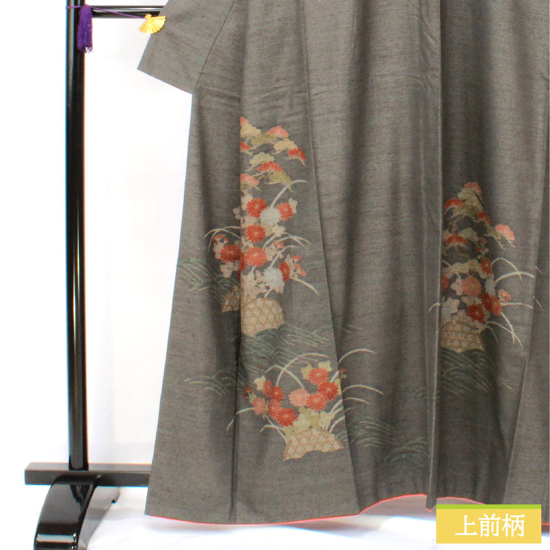 Homongi (formal kimono) made of pure silk, lined, length 160.5cm, sleeve length 63.5cm, Noshime-iro (wrapping color), pongee fabric, floral pattern, S rank, gray, 1112005442422