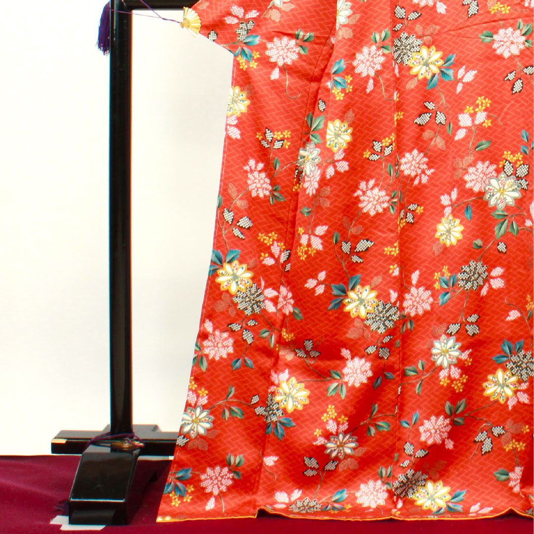 小紋 身丈175cm 裄丈65cm 袷 しつけ糸付き 銀朱色 草花模様 正絹 Sランク 朱系 1115002772816