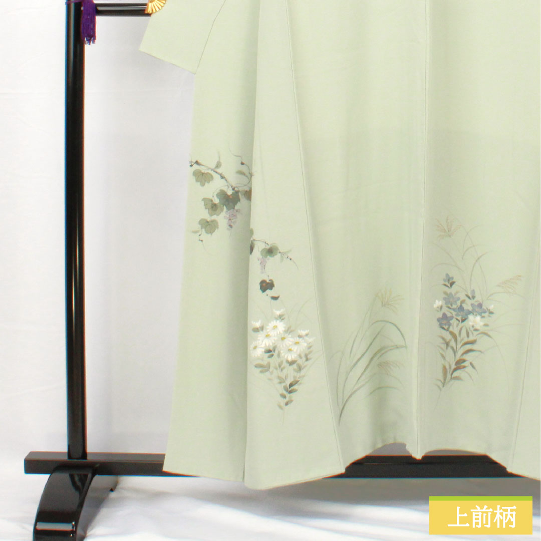 訪問着 正絹 袷 身丈155cm 裄丈65cm 白緑色(びゃくろくいろ) 草花模様 スコッチガード 付下げ Aランク 水色系 1112005453324