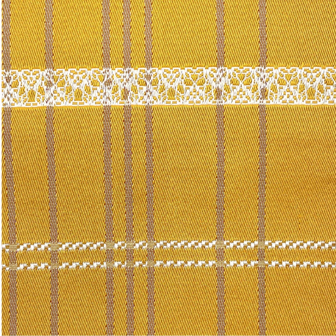 半幅帯 ポリエステル 帯丈386cm 雄黄色(ゆうおういろ) レース模様 格子模様 赤紫色(あかむらさきいろ) ドット 幾何学模様 黄系 Sランク 1125001472323