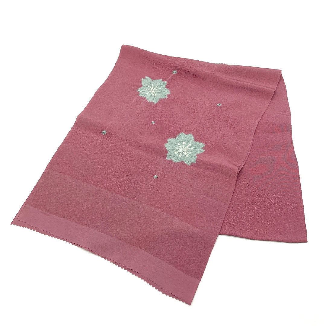 Casual obiage (sash) made of pure silk, S-rank, crimson (mekko-iro) with a shibori (dyed) floral and cherry blossom pattern, approximately 156cm long and 30cm wide, purple. Product number: 1136001702920
