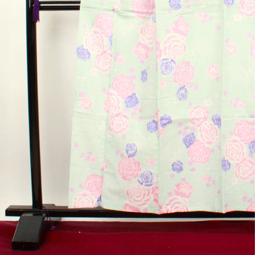 浴衣 藍白色 薔薇 桜 蝶 木綿 Aランク 単衣 身丈158.5cm 裄丈63.5cm 青系 1118001113317