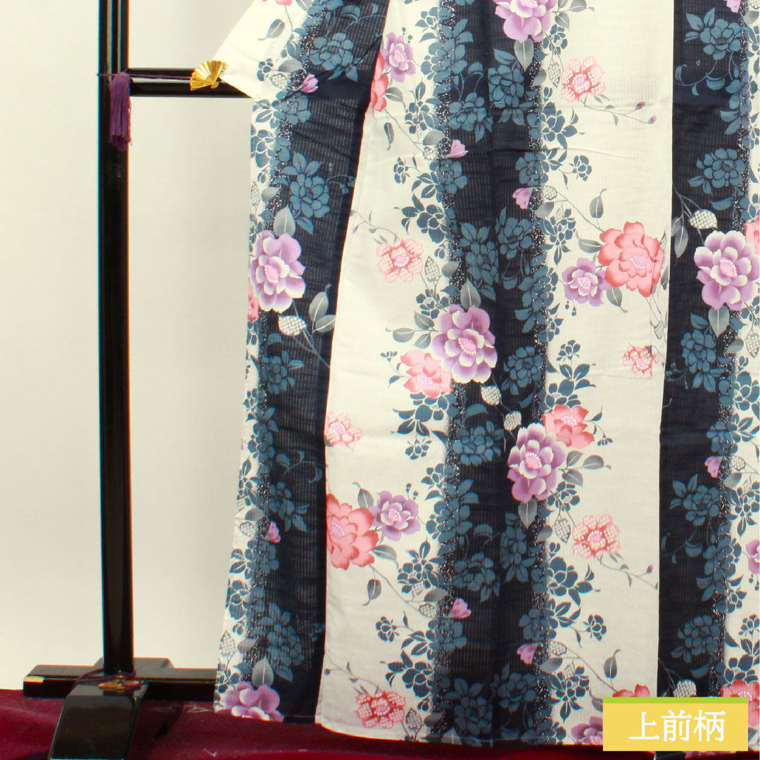 浴衣 木綿 身丈166cm 裄丈67cm Sランク 単衣 白系 竪絽(たてろ) 芍薬 1118004752511