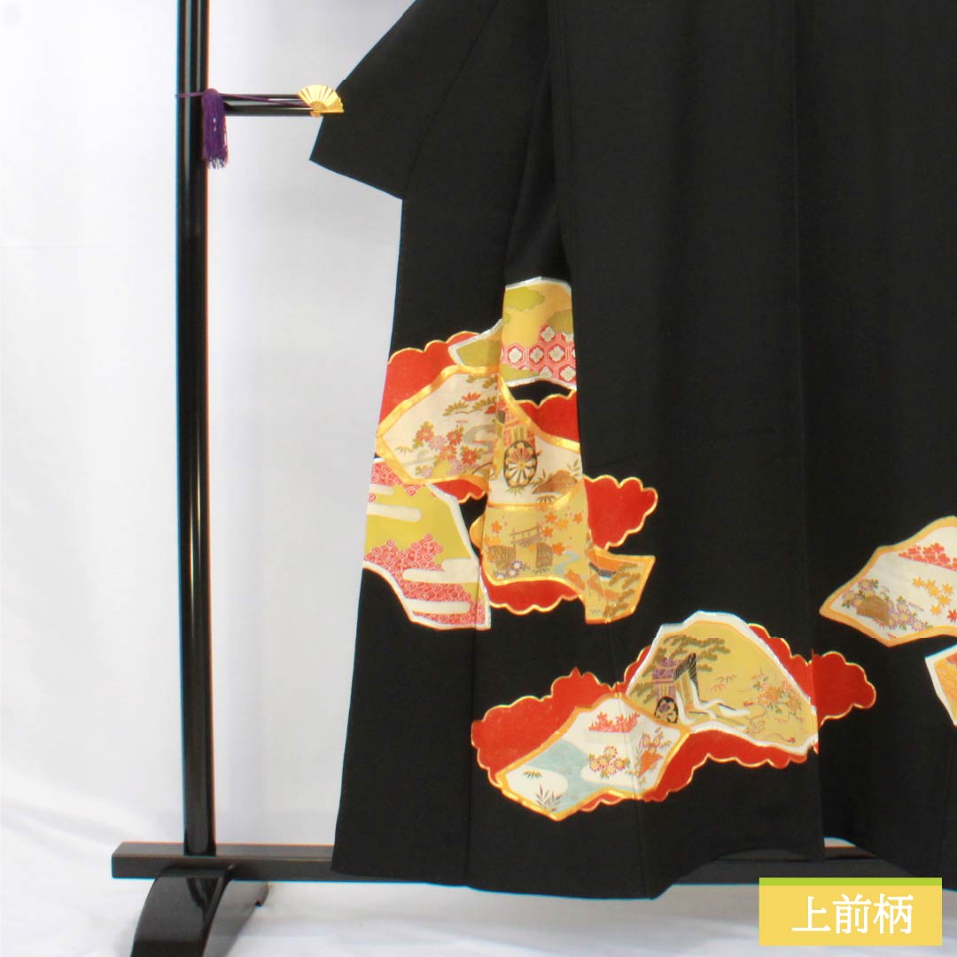 黒留袖 正絹 Aランク 身丈155.5cm 裄丈63cm 袷 京友禅 五つ紋 五三桐 吉祥文様 御所車 茶屋辻 五つ紋 黒系 1111001943310