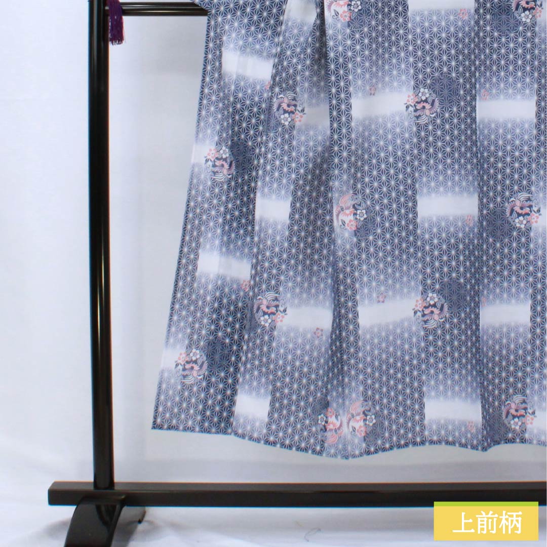 夏物 ポリエステル 小紋 身丈149cm 裄丈62cm 鉄蒲萄色(てつぶどういろ) 麻の葉 古典柄 洗える着物 絽 Aランク 紺系 1132002633118