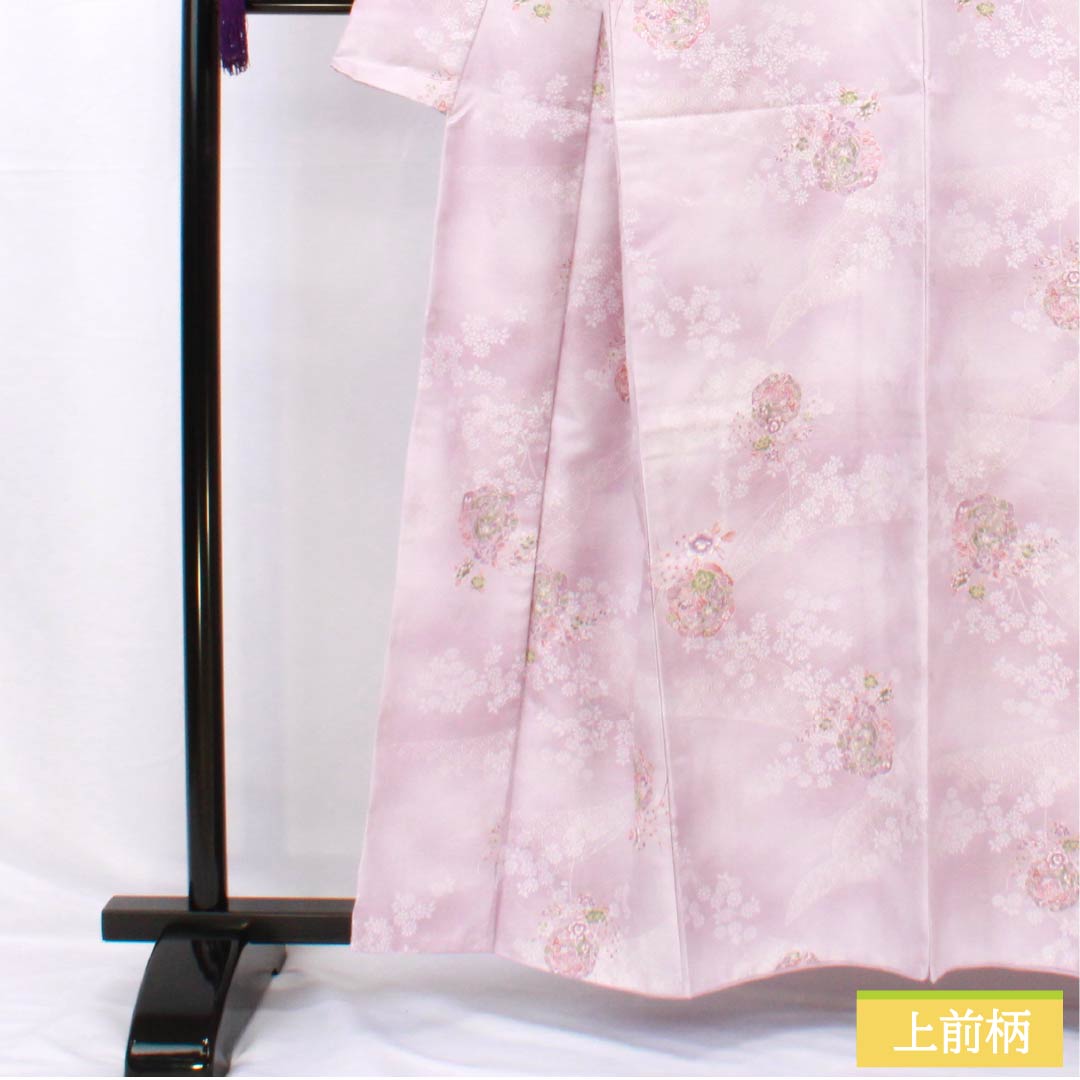 小紋 ポリエステル 身丈158.5cm 裄丈64cm 袷 白藤色(しらふじいろ) 洗える着物 小花 鏡 しつけ糸付き Aランク 紫系 1115005173320