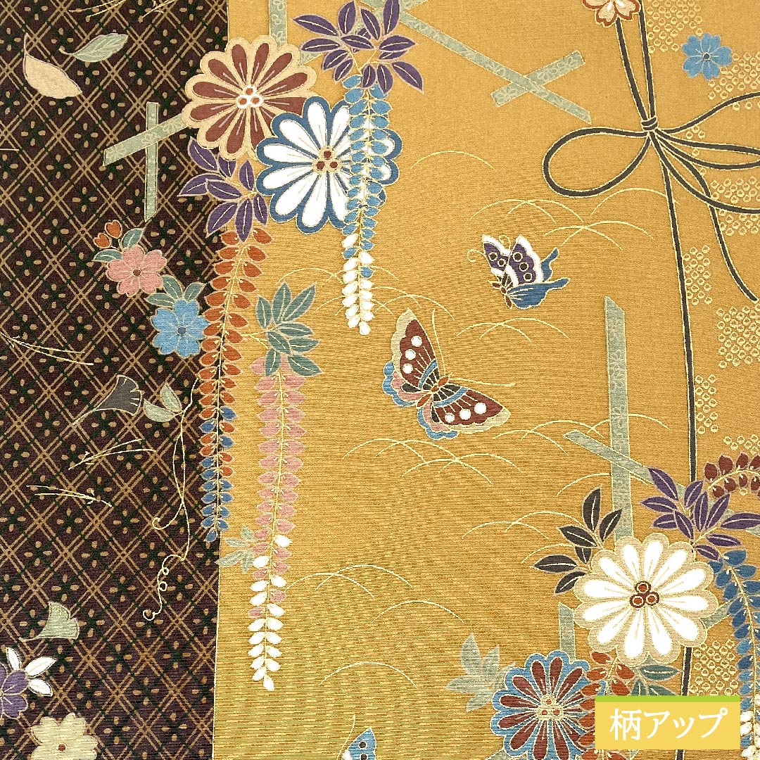 名古屋帯 山吹鼠色(やまぶきねずいろ) 菊 藤の花 蝶 帯丈372cm 正絹 Sランク 全通 セミフォーマル ベージュ系 1124006522325 名古屋仕立て