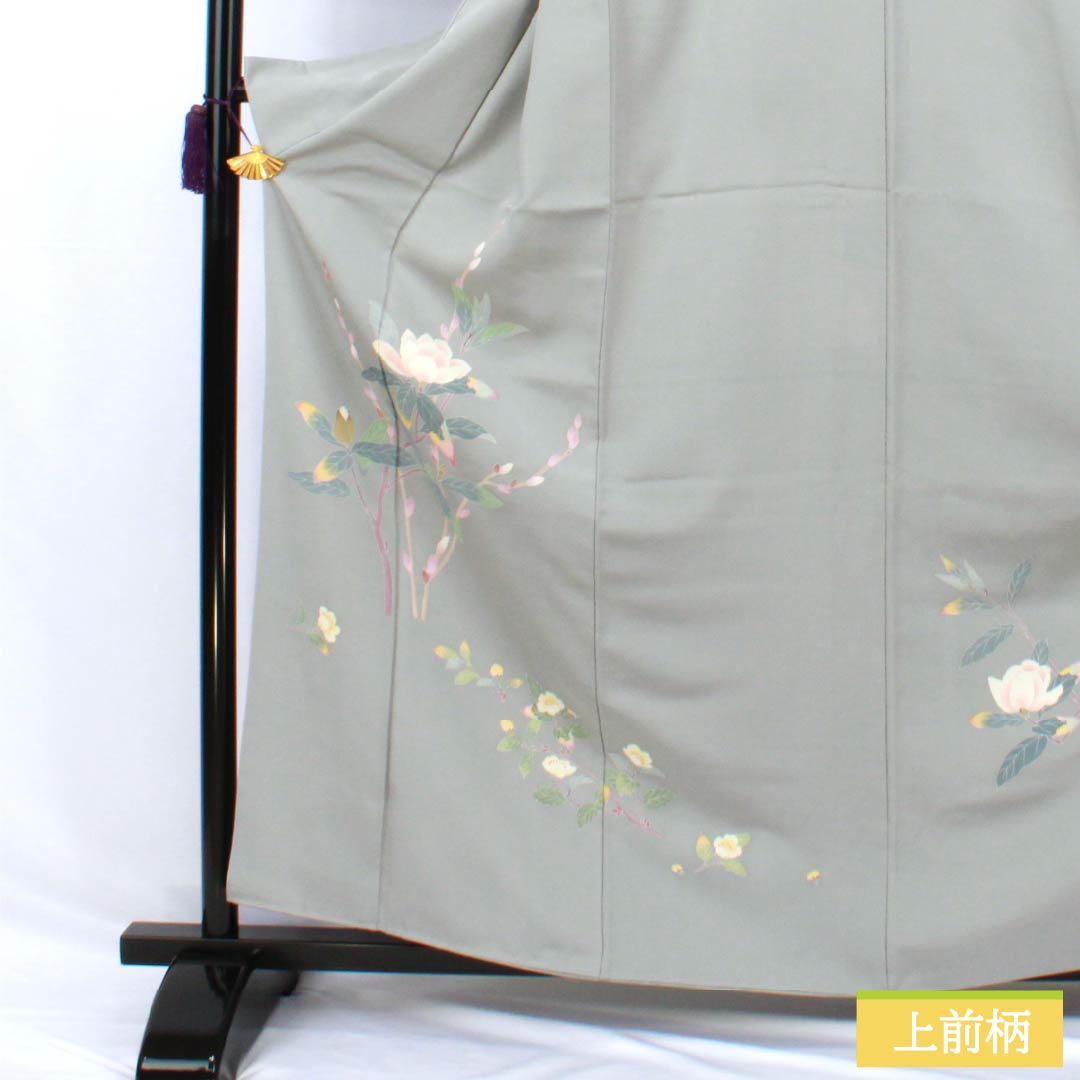Visiting Kimono, Pure Silk, Grade A, Lined, Length 160.5cm, Sleeve Length 63cm, Kaga Yuzen, Floral Design, Artist's Work, Tsukesage, Gray, Product Number: 1112006933422