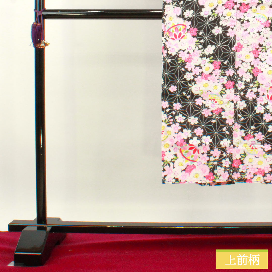 浴衣 木綿 身丈137.5cm 裄丈61.5cm Sランク 単衣 黒系 桜 麻の葉 1118005032110