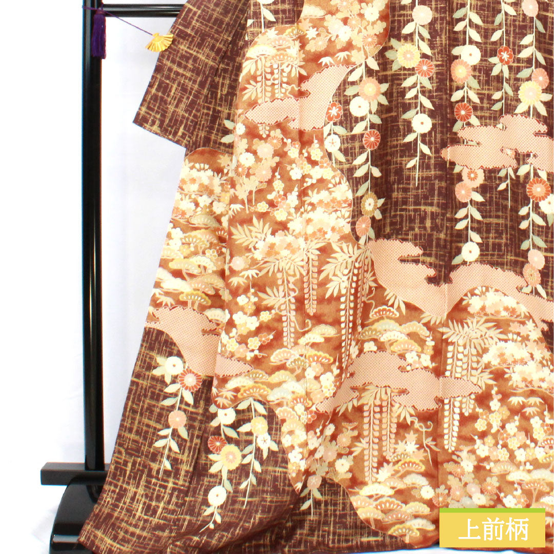 訪問着 正絹 袷 身丈170.5cm 裄丈63.5cm 黒紅梅色(くろこうばいいろ) 京友禅 松竹梅 菊 Sランク 茶系 1112004982614