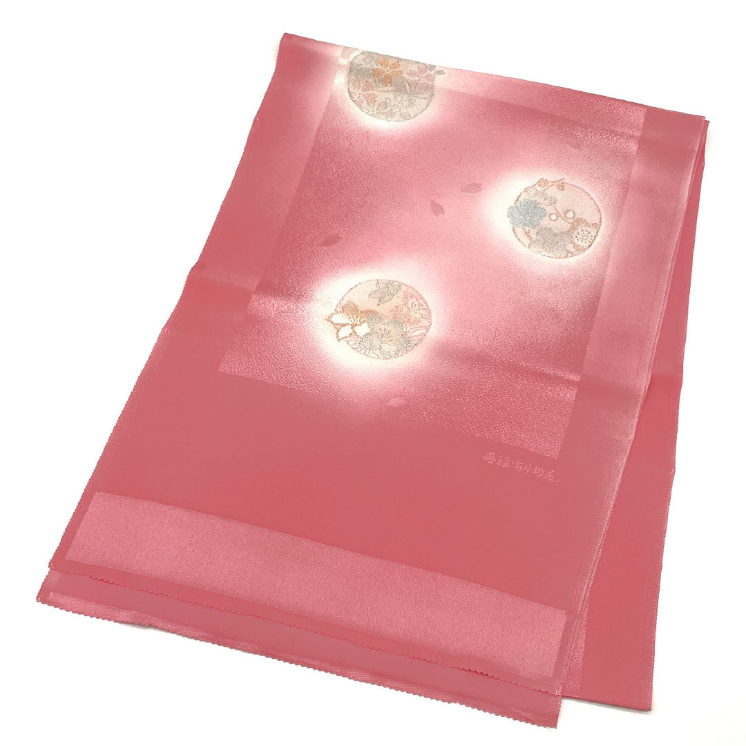 (新古品)帯揚げ 正絹 NEWランク セミフォーマル 中紅花色(なかのくれないいろ) 丹後ちりめん 丸に花 桜 長さ約180cm 幅約31cm ピンク系 1136001311913