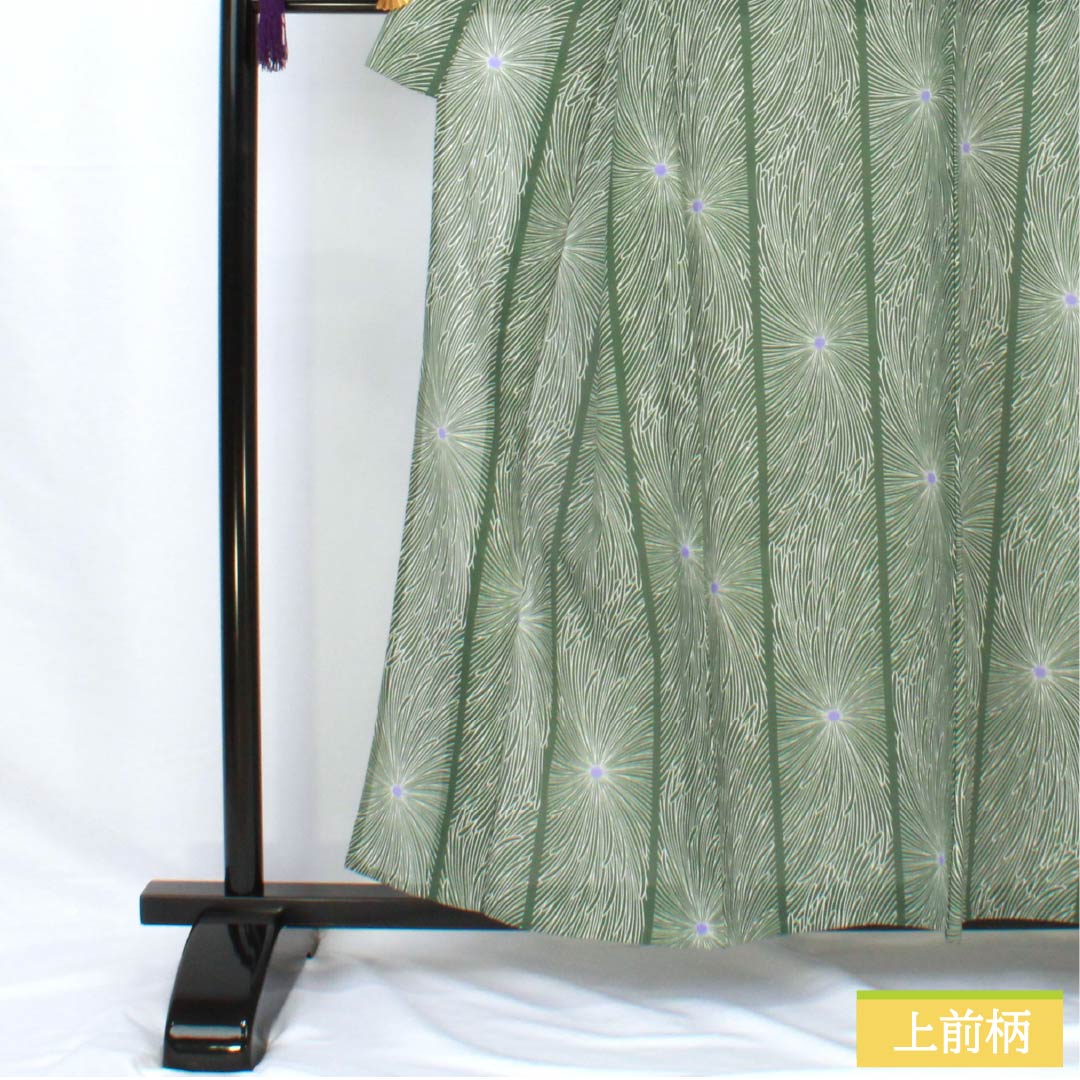 夏物 ポリエステル 小紋 身丈158cm 裄丈66cm 夏虫色(なつむしいろ) 乱菊 洗える着物 紗 Sランク 緑系 1132002162319