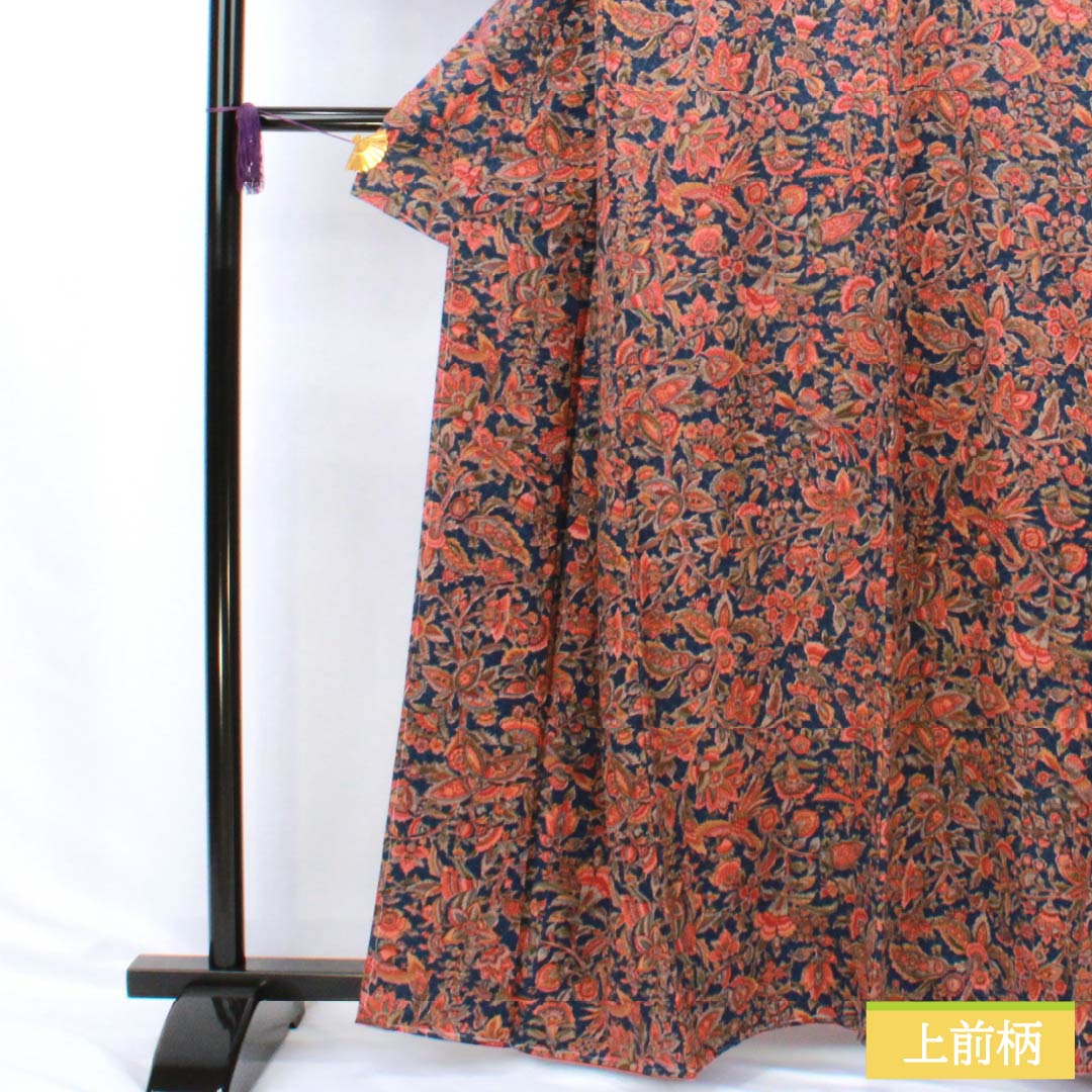 小紋 正絹 Sランク 身丈161cm 裄丈62.5cm 袷 鉄蒲萄色(てつぶどういろ) 更紗 しつけ糸付き 紺系 1115007142418