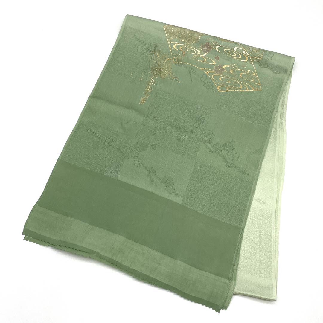 帯揚げ 正絹 Sランク フォーマル 裏葉色(裏葉色) 薄緑色(うすみどりいろ) 扇面 桜 長さ約168cm 幅約29cm 緑系 1136002302919