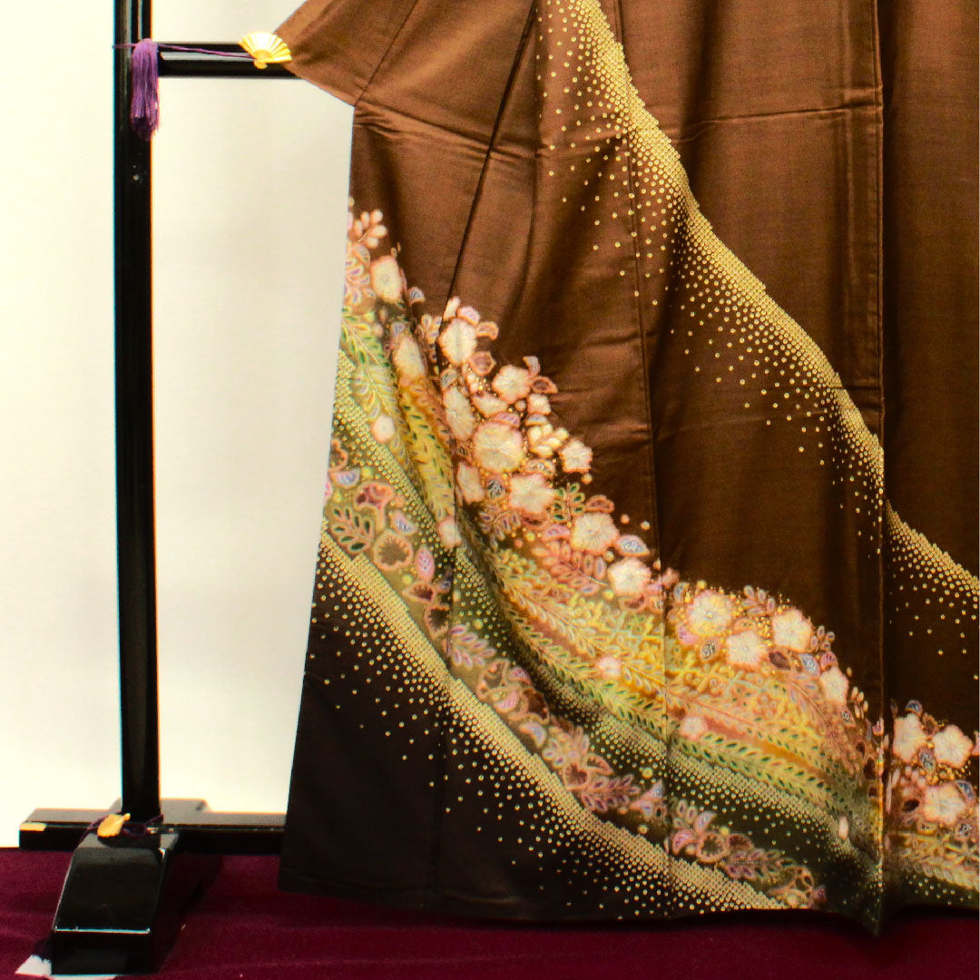 訪問着 正絹 袷 身丈165.5cm 裄丈66cm 柿兼房色 大島紬 辻ヶ花 パールトーン加工 Sランク 茶系 1112003242514