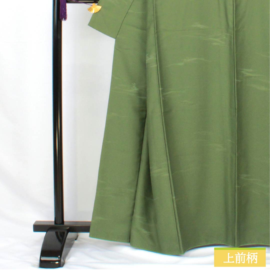 Solid-colored polyester kimono, length 163cm, sleeve length 65cm, pine needle color (matsubairo), made of brocade, washable, lined, S rank, green, product number 1114002172419