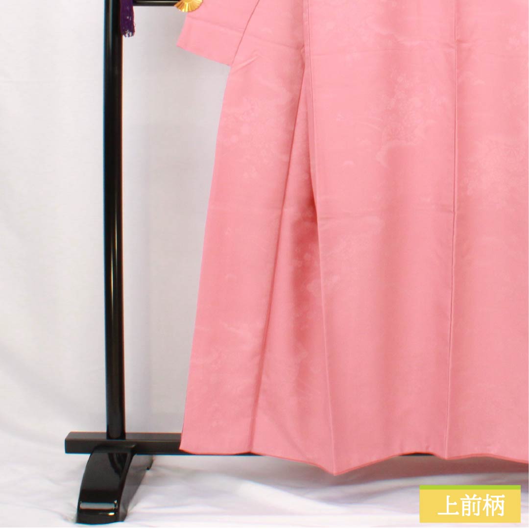色無地 ポリエステル 身丈157cm 裄丈64cm 一重梅色(ひとえうめいろ) 綸子 花車 洗える着物 袷 Aランク ピンク系 1114002133313