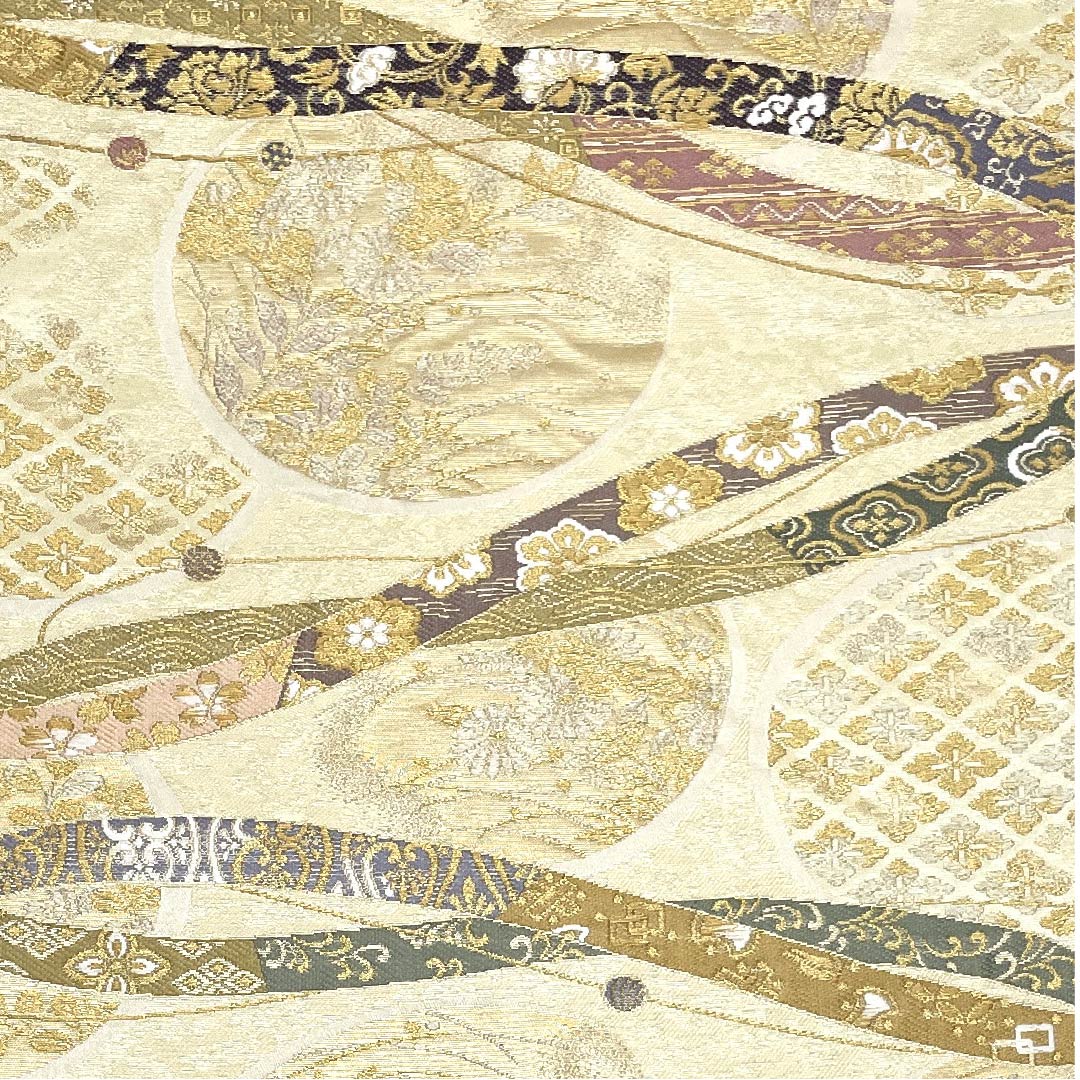 袋帯 鳥の子色(とりのこいろ) 古典柄 織の輪銘宝文 帯丈442cm 正絹 Sランク 六通 フォーマル クリーム系 1123008722315