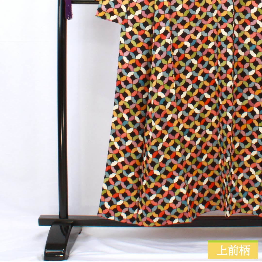 小紋 正絹 身丈154.5cm 裄丈62cm 袷 幾何学模様 しつけ糸付き Sランク 黒系 1115005652210