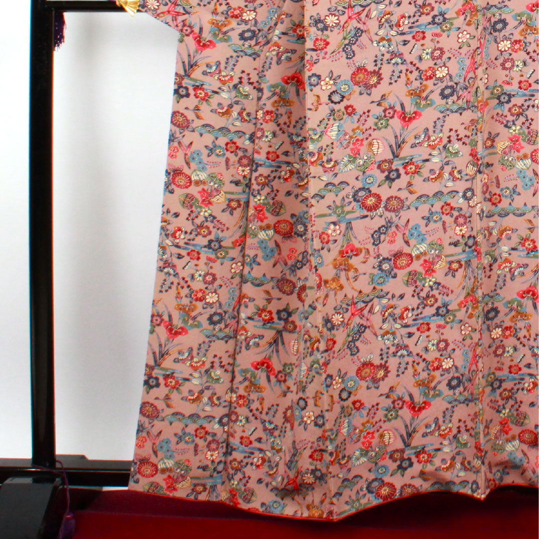 小紋 身丈159.5cm 裄丈64.5cm 袷 銀煤竹色 型染 草花模様 正絹 Sランク 朱系 1115002212316