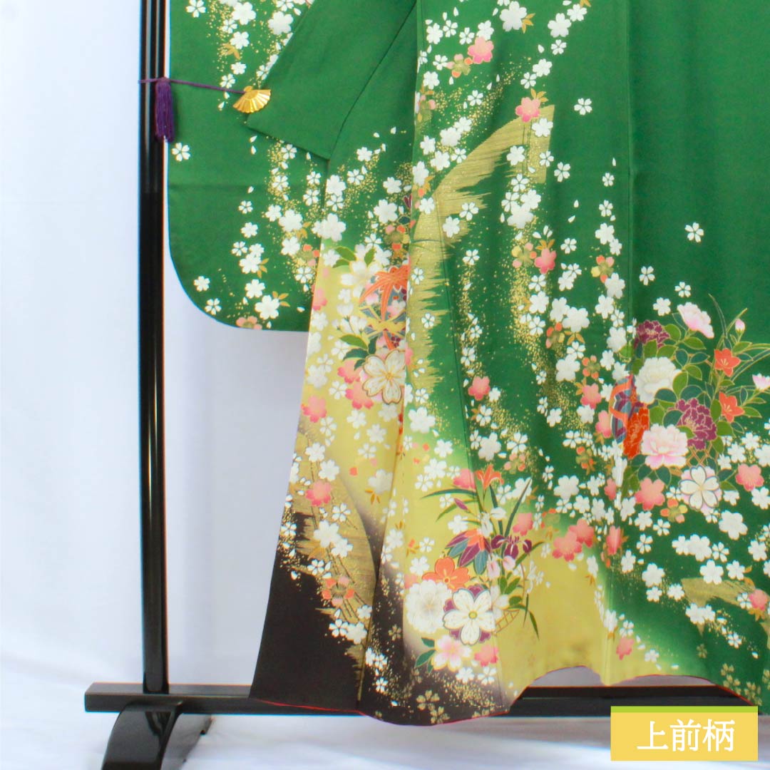 振袖 正絹 Sランク 身丈153cm 裄丈62.5cm 袷 緑茶色(りょくちゃいろ) 京友禅 桜 草花 パールトーン加工 緑系 1113002142219