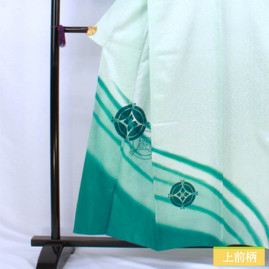 訪問着 ポリエステル Aランク 胴抜き 身丈156cm 裄丈64cm 薄水色(うすみずいろ) 半衿付き 踊り衣装 紗綾形 緑系 1112006383319