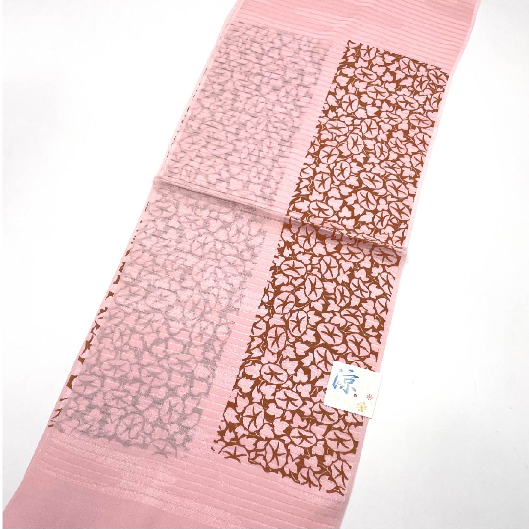 (新品)帯揚げ 正絹 セミフォーマル 桃色(ももいろ) 夏物 朝顔 長さ約174cm 幅約28.5cm NEWランク ピンク系 1136000831913