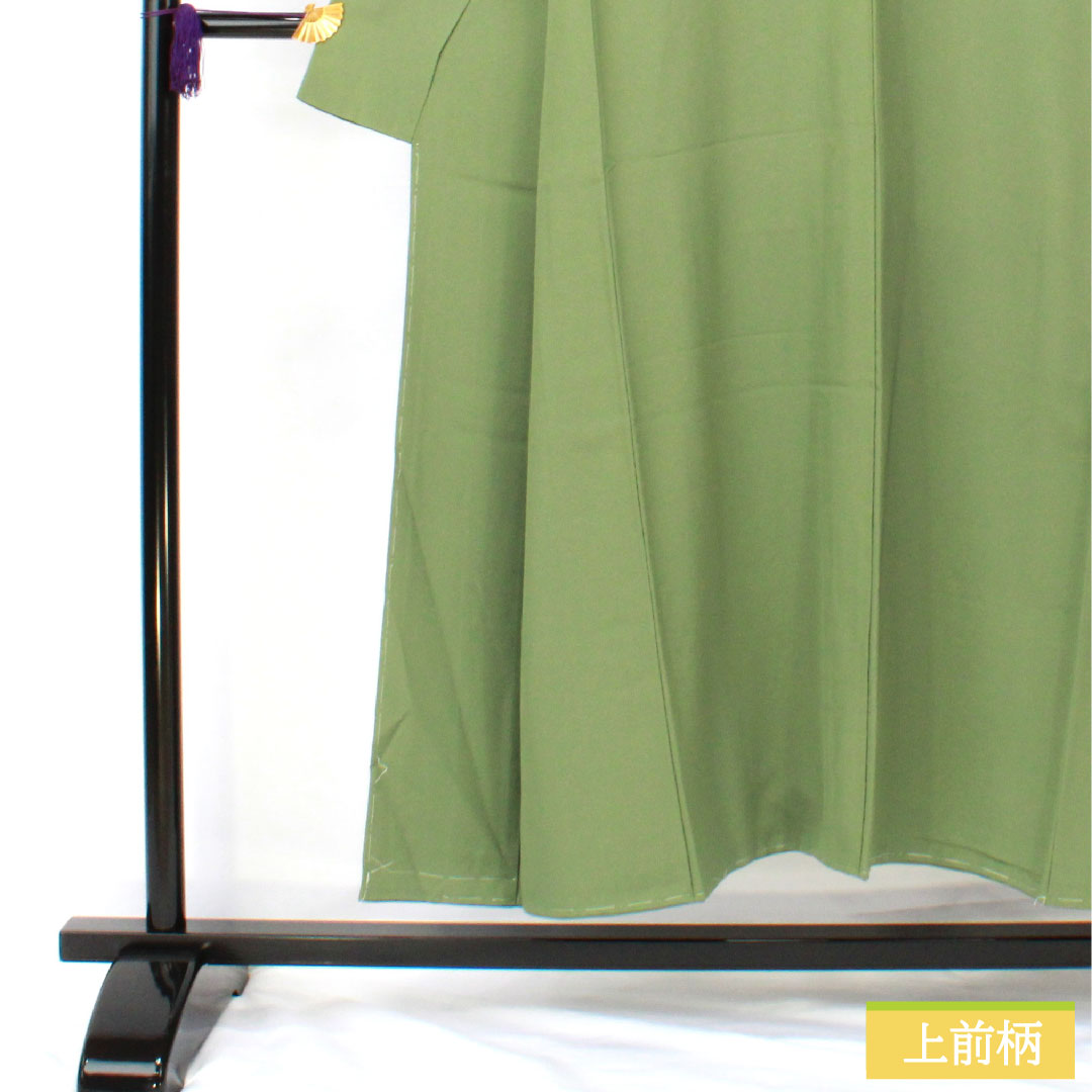 色無地 正絹 身丈150cm 裄丈63cm 仏手柑色(ぶしゅかんいろ) 素無地 一つ紋 隅切り角に片喰 袷 Sランク 緑系 1114001802119