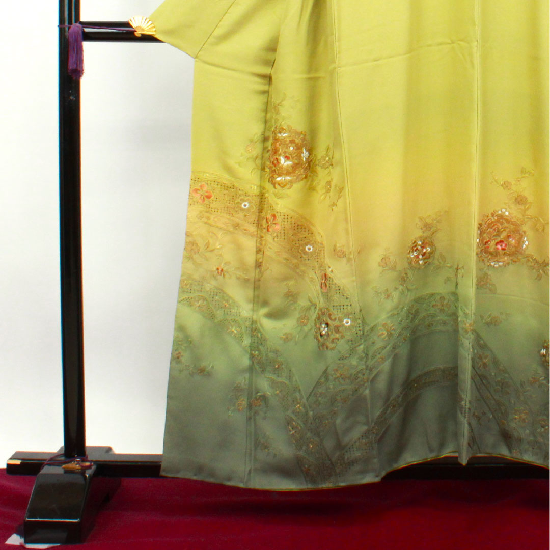 訪問着 正絹 袷 身丈156.5cm 裄丈65cm 浅青朽葉色 蘇州刺繡 汕頭刺繡 草花模様 作家物 五三桐 Sランク 緑系 1112003122319