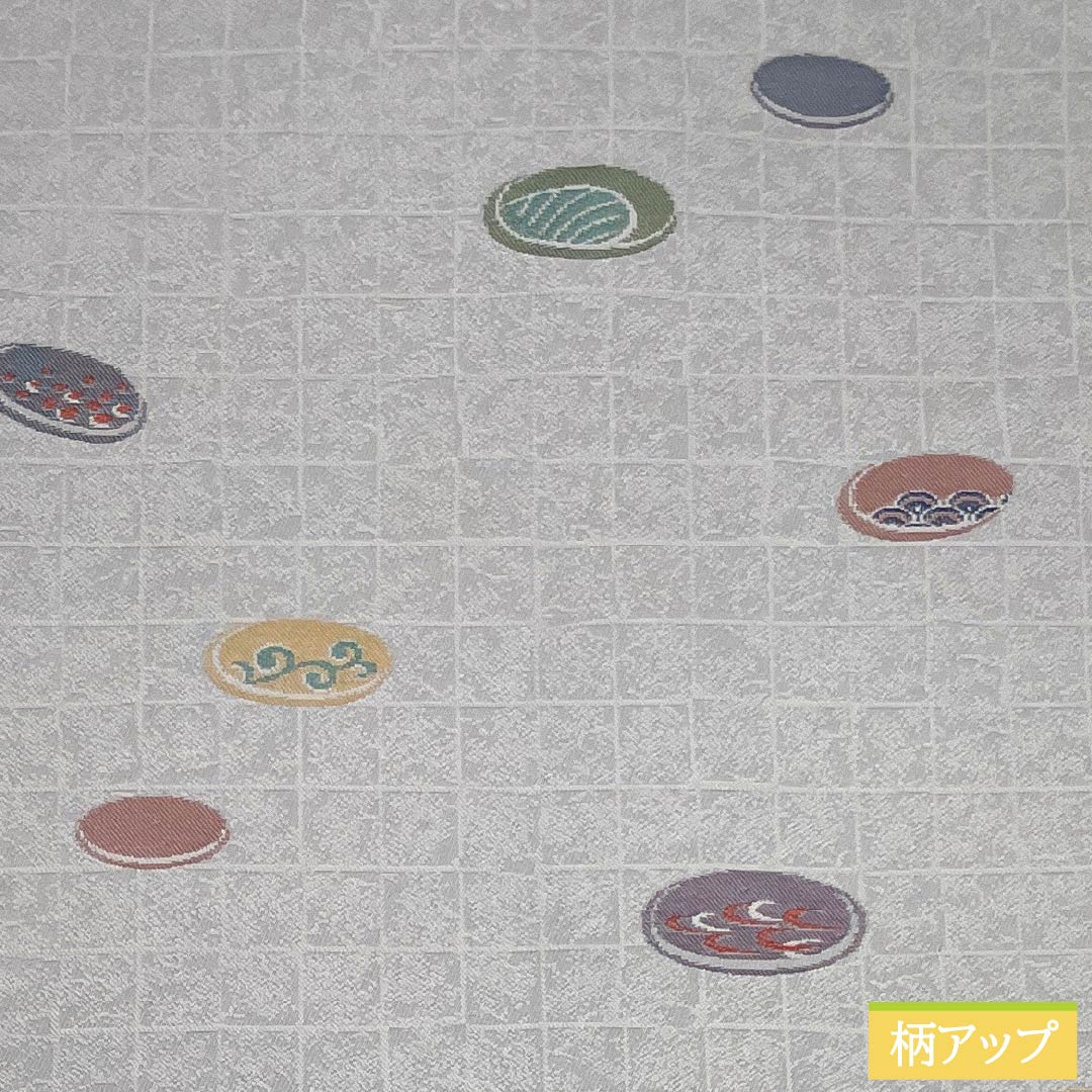 名古屋帯 正絹 Sランク 錫色(すずいろ) 丸に古典柄 市松地 帯丈352cm 六通 カジュアル グレー系 1124010782322 名古屋仕立て