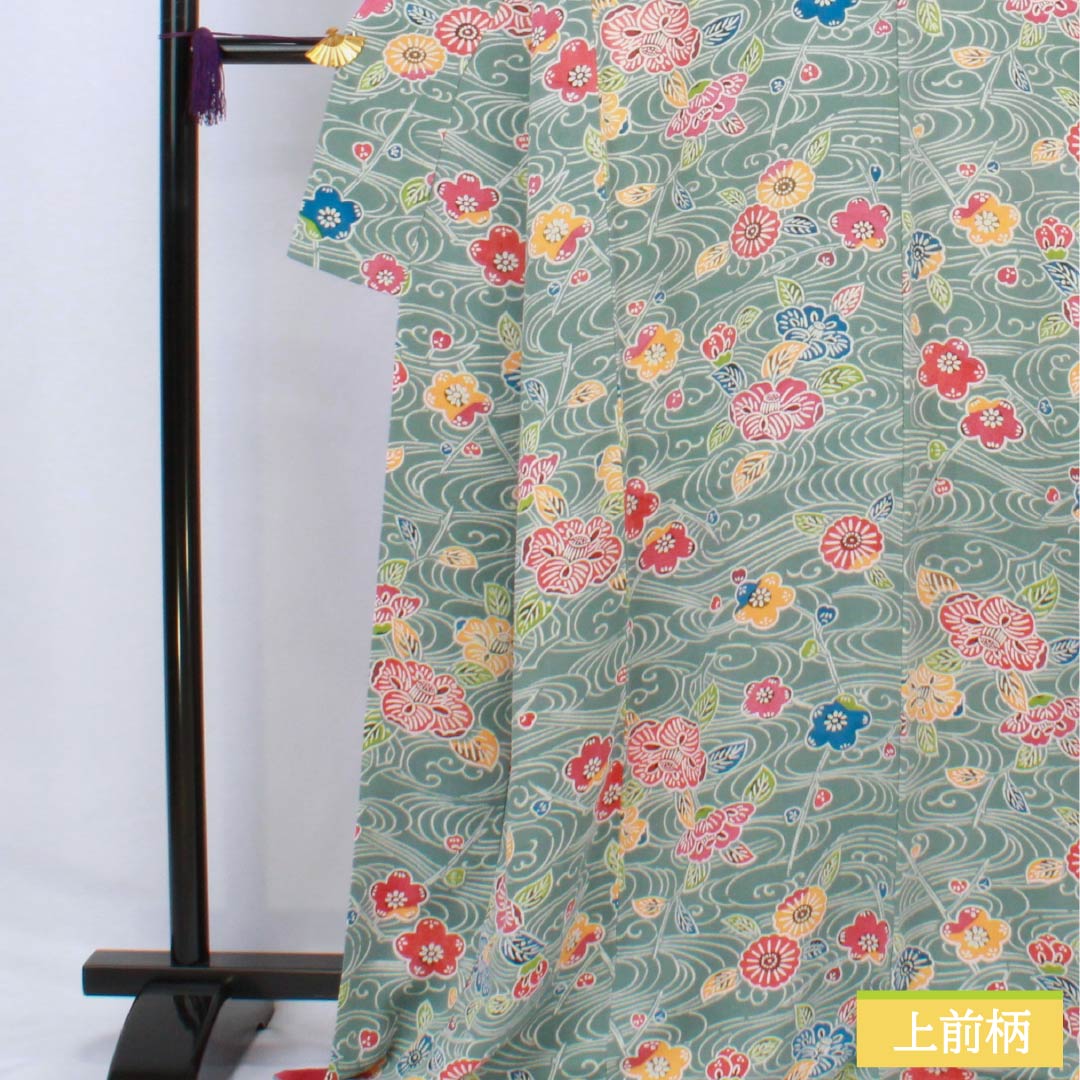 小紋 正絹 身丈169.5cm 裄丈68.5cm 袷 山藍摺色(やまあいずりいろ) 京紅型 ちりめん地 流水 草花模様 Aランク 青系 1115006163517