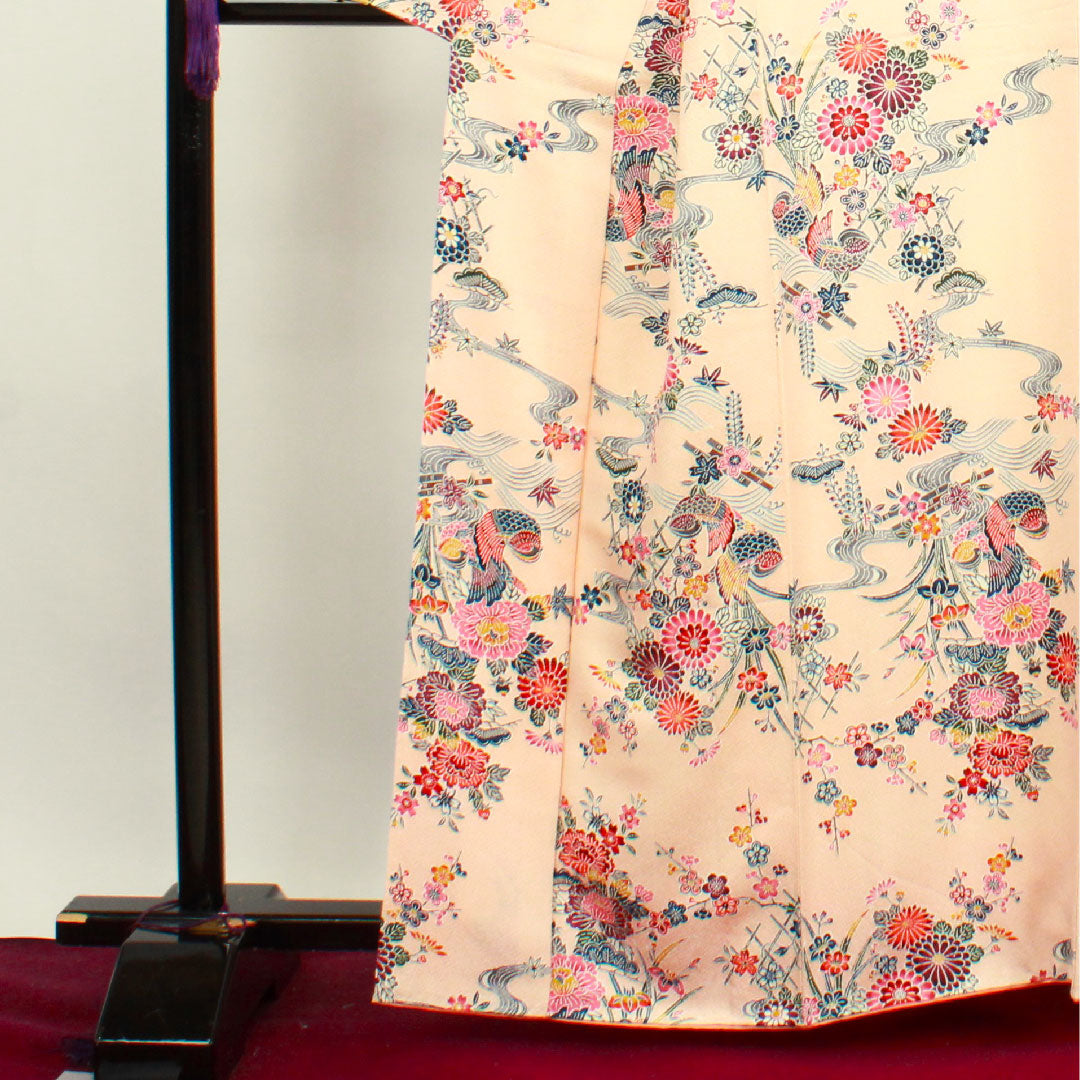 Komon, Length 163cm, Sleeve length 66cm, Awase, With basting thread, Unused, Light orange, Kyo-Bingata, Auspicious motif, Mandarin duck, Pure silk, S rank, Pink, 1115003452413