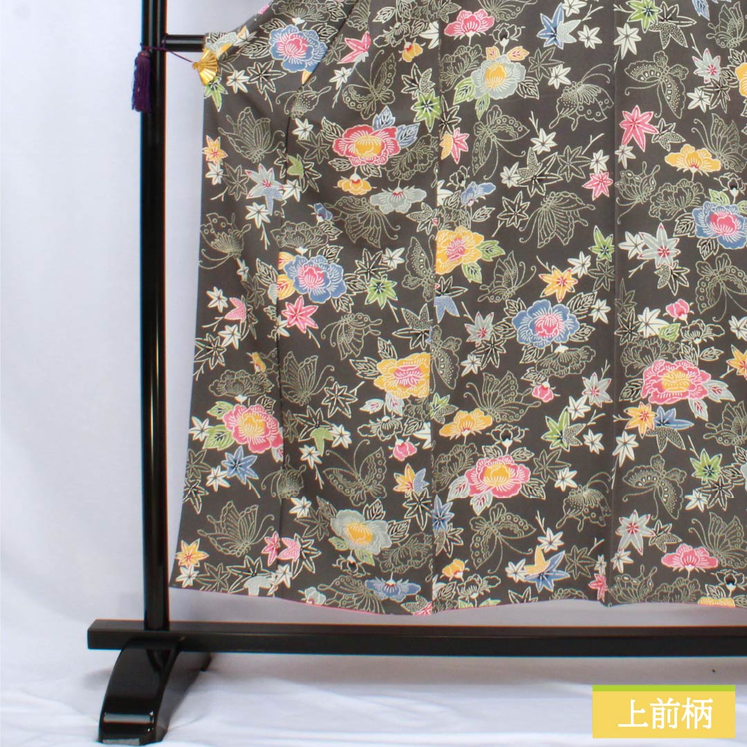 小紋 正絹 Sランク 身丈154cm 裄丈64cm 袷 薄黒色(うすぐろいろ) 京紅型 半衿付き 蝶 花 グレー系 1115007742222