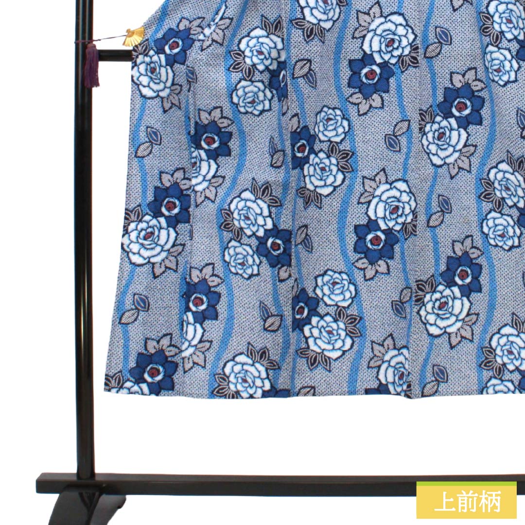 浴衣 木綿 Sランク 身丈142cm 裄丈64.5cm 濃紺色(のうこんいろ) リップル 薔薇 立涌 単衣 紺系 1118007602118