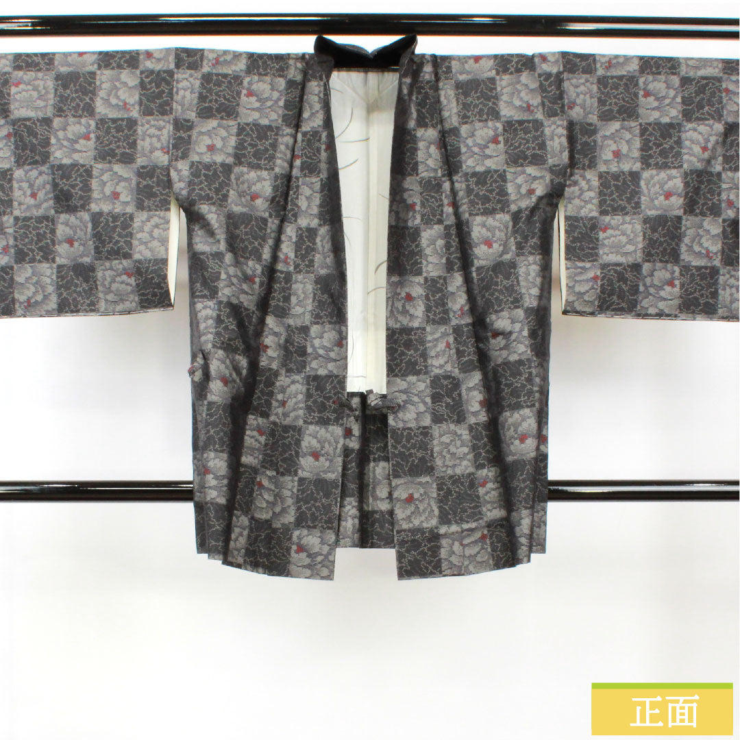 道中着 正絹 身丈88.5cm 裄丈68.5cm 大島紬 緯総絣 草花模様 しつけ糸付き Sランク 袷 黒系 1117001152910