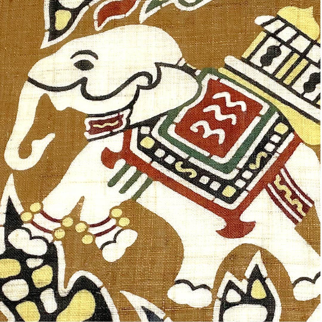 名古屋帯 幹色 京紅型 栗山工房 象 抽象花模様 帯丈376cm 麻 Sランク ポイント柄 カジュアル 茶系 1124005262314 名古屋仕立て