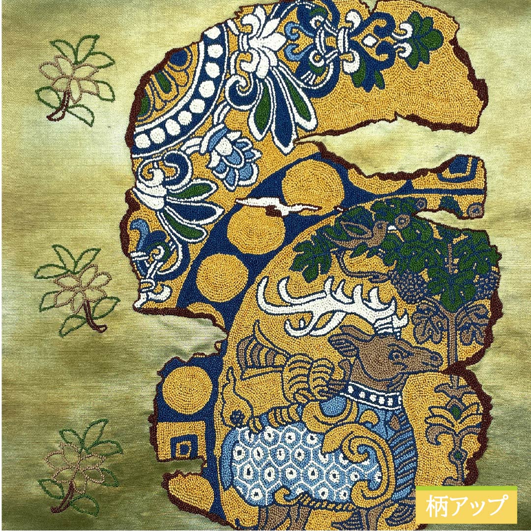 袋帯 正絹 島松鼠色(しままつねずいろ) 相良刺繡 欧風文様 帯丈436cm Sランク ポイント柄 カジュアル 緑系 1123012762319