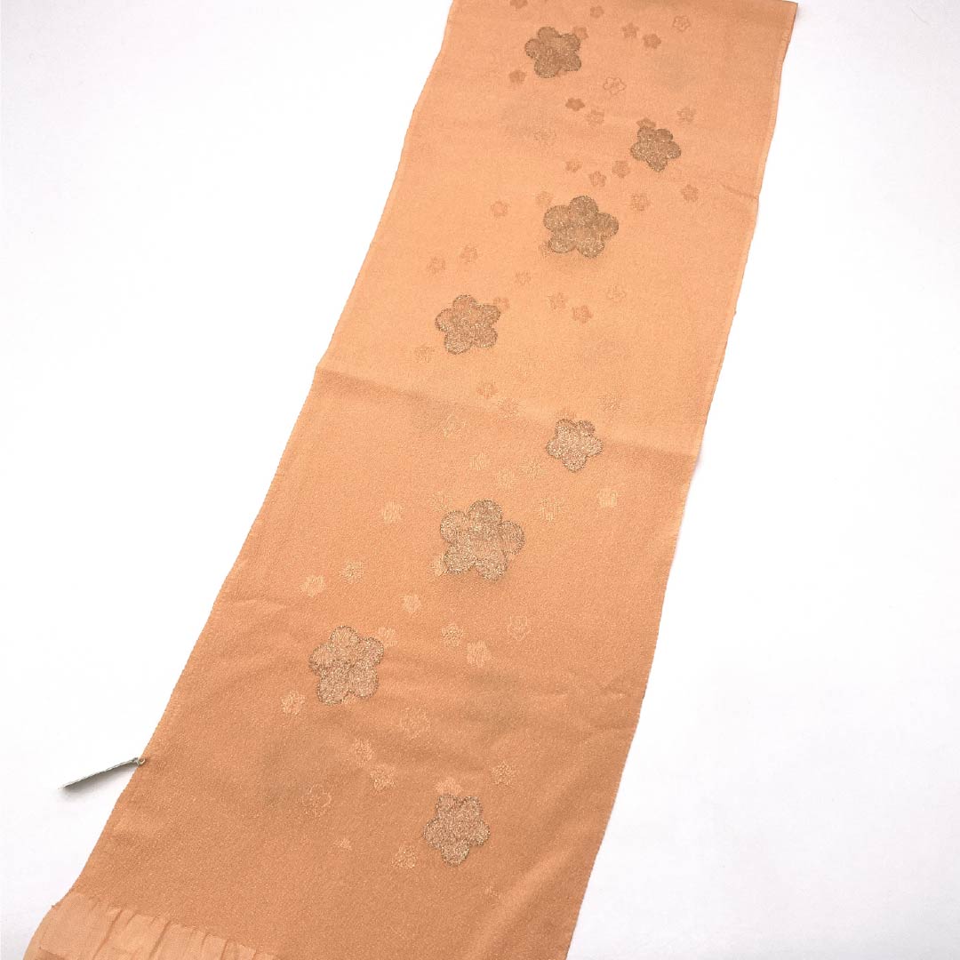帯揚げ 正絹 Sランク セミフォーマル 朱華色(はねずいろ) 梅 ラメ入り 長さ約169cm 幅約27.5cm 橙系 1136004702926