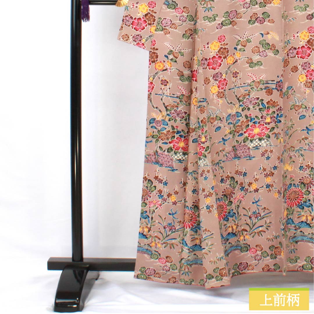 小紋 正絹 身丈160cm 裄丈64cm 袷 嵯峨鼠色(さがねずいろ) 琉球紅型調 草花模様 Sランク ベージュ系 1115005662425