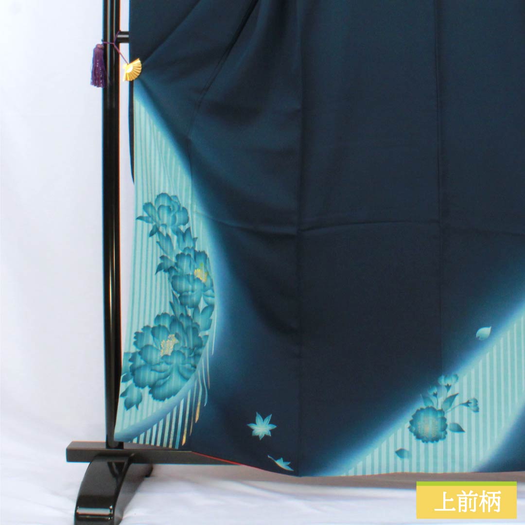 振袖 正絹 Aランク 身丈161cm 裄丈62.5cm 袷 印度藍色(いんどあいいろ) 京友禅 牡丹 紅葉 紺系 1113002833418