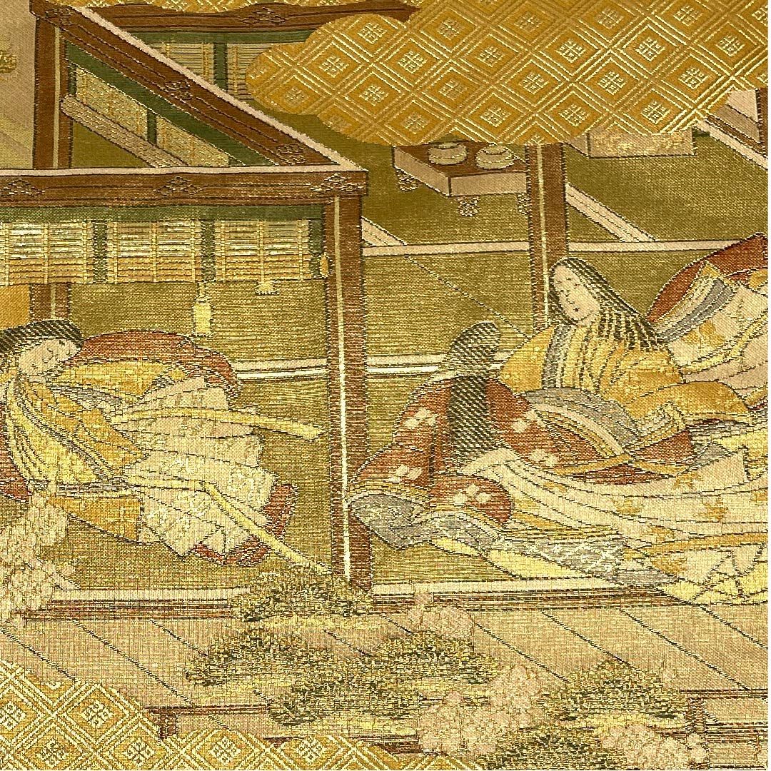 袋帯 金色 源氏物語 松 梅 帯丈424cm 正絹 Sランク 六通 フォーマル 金系 1123005902321