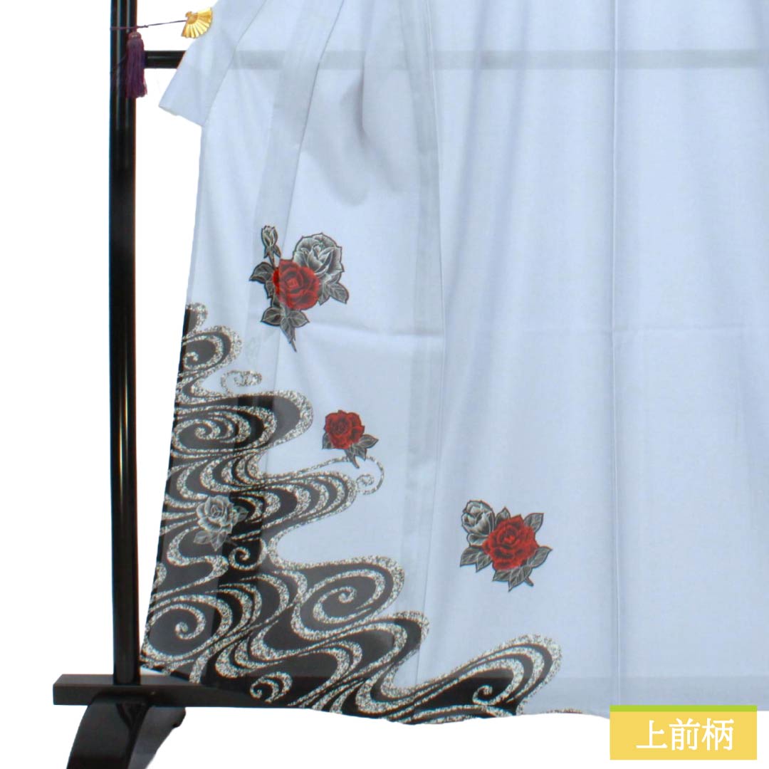 夏物 ポリエステル 付下げ Aランク 身丈160.5cm 裄丈63cm 蒼白色(そうはくしょく) 洗える着物 薔薇 流水 絽 水色系 1132006343424
